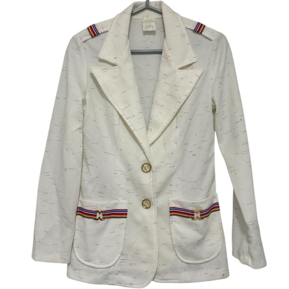 Vintage 80s Yacht Blazer Womens Small Nautical Preppy Tweed Rainbow White Gold